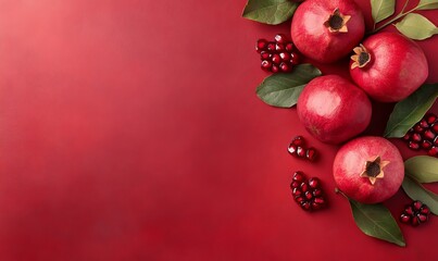 Fresh Pomegranates With Vibrant Red Skin and Seeds Arranged on a Textured Red Background