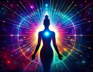 Cosmic Goddess: Meta Human Spirit Silhouette on Vibrant Galaxy Background