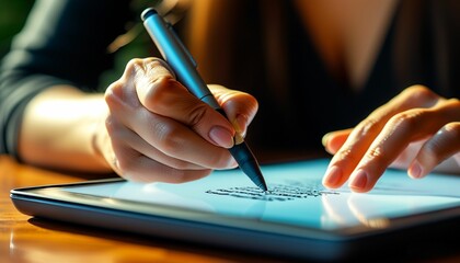 How about A person writing with a pen on a notebook at a desk?