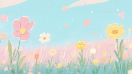 Hand-drawn colorful flowers in a meadow under a blue sky. Spring nature illustration. Design for greeting card, poster, and wallpaper