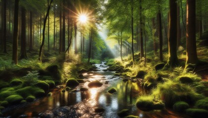 Fototapeta premium Tranquil Forest Stream with Sunrays through Lush Greenery