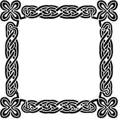 a decorative black Celtic knot border, featuring intricate knotwork designs at each corner. The overall style is minimalist with a focus on the ornate border.