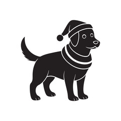 Obraz premium Christmas cute dog in Santa Hat and Scarf, silhouette vector, isolated on white background, black and white silhouette, vector and illustration