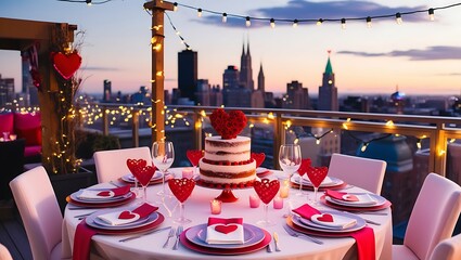  A romantic rooftop Valentine’s dinner with a beautifully set table, surrounded by fairy lights, with the city skyline in the background and a heart-shaped cake as the centerpiece