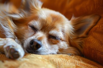 A dog with a relaxed and contented expression, its eyes closed and its body curled up in a comfortable position