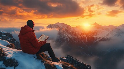 Obraz premium tranquil Bible reading at sunrise on a mountaintop, featuring the serene morning light and natural beauty, creating a peaceful setting for spiritual meditation and reflection