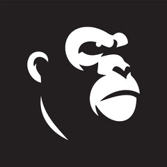 vector illustration of gorilla face silhouette in white color face facing right while frowning, black background EPS file