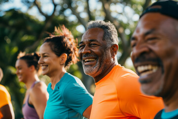 Diverse Group of Joyful Adults Engaged in Outdoor Exercise Together, Laughing and Enjoying a Sunny Day in the Park, Showcasing Healthy Active Lifestyle for All Ages