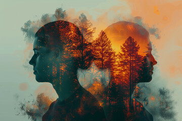 A Surreal Portrait of Two Faces Merged with a Fiery Sunset Forest, Illustrating the Intricate Relationship Between Humanity and Nature, Depicted Through a Fusion of Warm Hues and Dreamlike Imagery