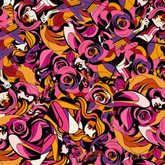 The fabric pattern features a graphic design of a woman and roses in pink, orange, and purple tones