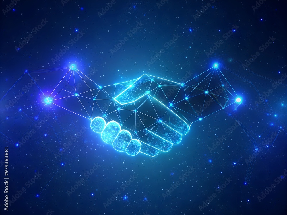 Aufkleber business handshake on futuristic digital network background with wave and movement design.