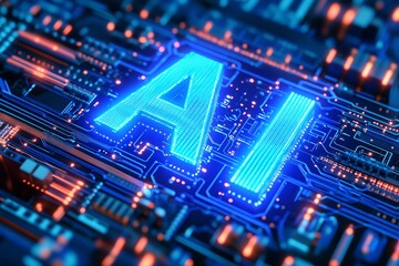Obraz premium Electric circuitry background featuring glowing blue AI letters on a digital board representing artificial intelligence technology