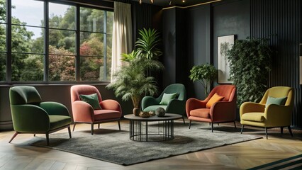 Minimalist interior design of modern living room with vibrant colorful multicolored armchairs.
