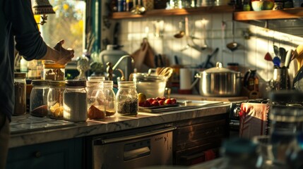 Bright Sunlit Kitchen Counter Filled With Ingredients and Cooking Utensils