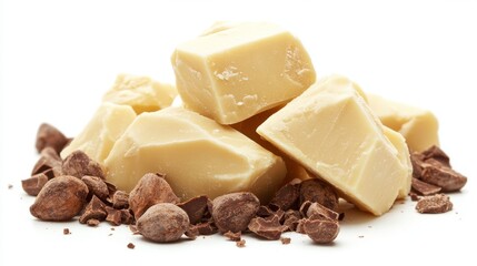 Creamy White Chocolate Pieces Surrounded by Dark Chocolate Chips on a Plain Background
