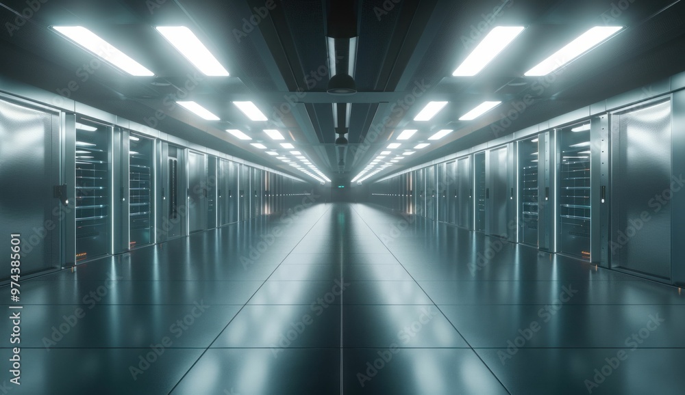 Poster a futuristic data center with rows of servers and bright overhead lights illuminating a sleek corrid