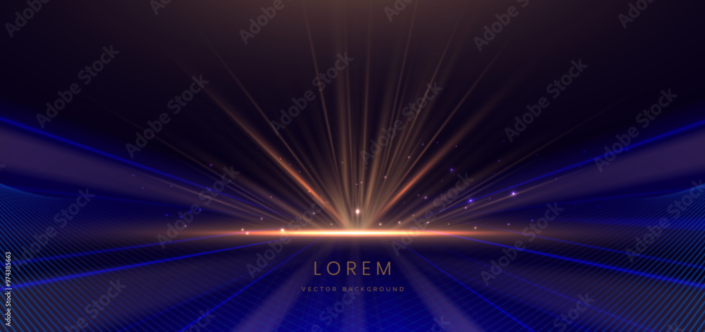 Poster elegant glowing gold lighting lines on dark blue background with lighting effect and sparkle with co