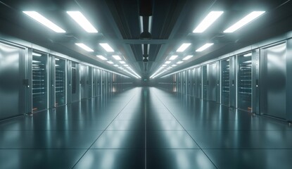 A futuristic data center with rows of servers and bright overhead lights illuminating a sleek corridor The atmosphere is modern and high tech