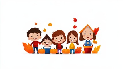 Fototapeta premium A cheerful group of children celebrating autumn with pumpkins and falling leaves, highlighting the joy of the season.