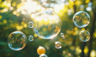 Colorful Soap Bubbles Floating in Sunlight With a Blurred Forest Backdrop During Afternoon Hours