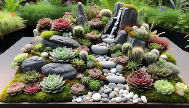 Lush Succulent Waterfall Display with Natural Stones and Cacti