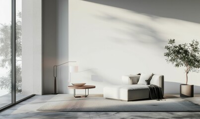 Modern living room with a minimalist design featuring a white sofa and a cozy atmosphere