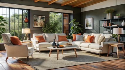 Fototapeta premium White sofa and armchairs in scandinavian style home interior design of modern living room. 