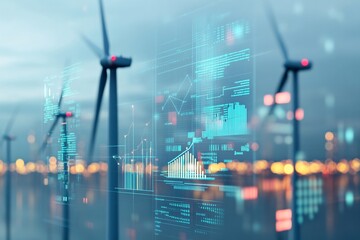 Fototapeta premium Wind turbines generating renewable energy at sunset with digital data overlay in a scenic landscape