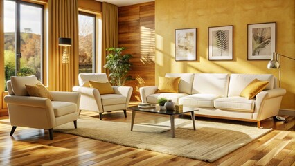 Fototapeta premium White sofa and armchairs in scandinavian style home interior design of modern living room. 