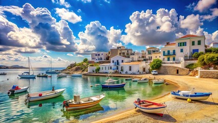 Sandy beach with traditional whitewashed buildings and colorful boats docked in tranquil Uranopolis harbor, Greece, under a bright blue sky with puffy white clouds.