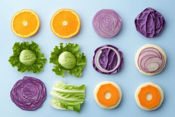 Knolling of food items, circle bread buns with whole onion slices and orange slice on top, round tarts made from carrot shaddow, etc.