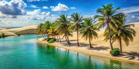 Fototapeta premium Sandy dunes meet turquoise lagoon waters in this serene Brazilian coastal landscape, with palm trees swaying gently in the ocean breeze.
