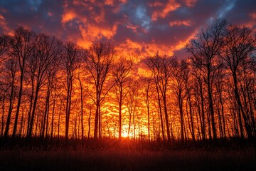 Fototapeta premium The fiery glow of a sunset behind a silhouette of trees