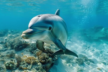 Obraz premium A dolphin calf, its eyes wide with wonder as it discovers the wonders of the underwater world for the first time