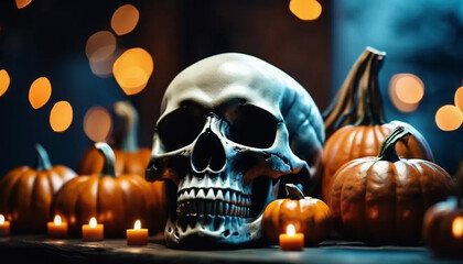 halloween skull and pumpkins, ai