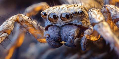 Ultra-close shot of a spider’s face with reflective eyes and detailed fur textures