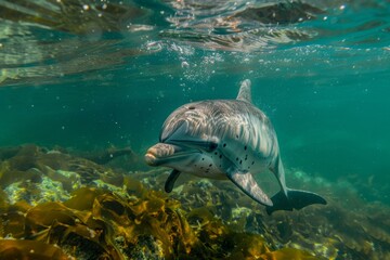 Fototapeta premium A dolphin calf, its eyes wide with wonder as it discovers the wonders of the underwater world for the first time