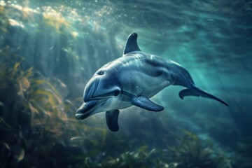 Fototapeta premium A dolphin calf, its eyes wide with wonder as it discovers the wonders of the underwater world for the first time