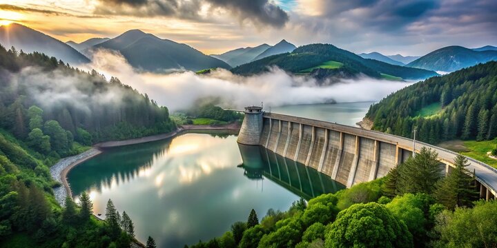 Serene landscape featuring a massive concrete dam spanning across a tranquil lake, surrounded by lush green forests and misty mountains in the background.