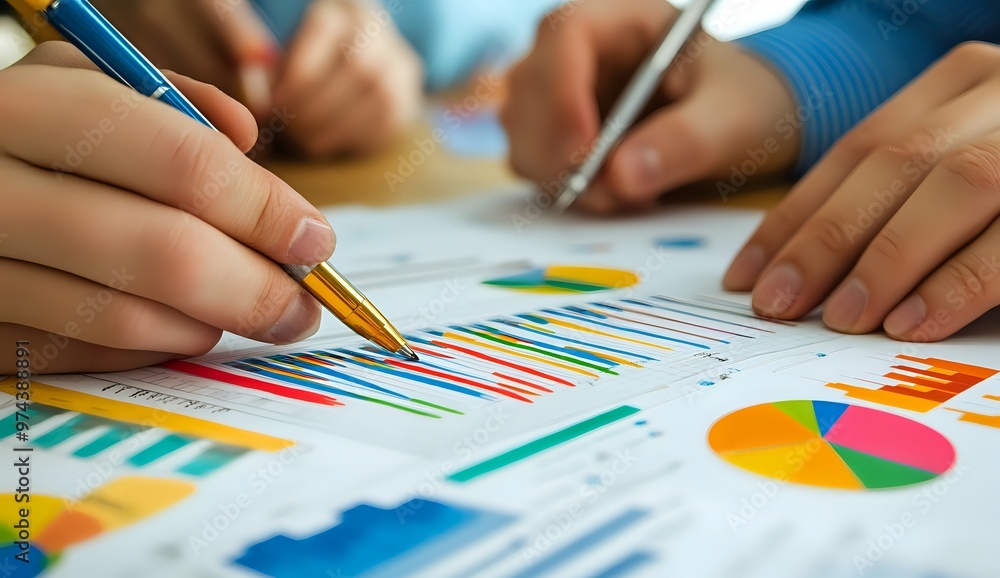 Poster close-up of a hand holding a pen and analyzing graphs and charts.