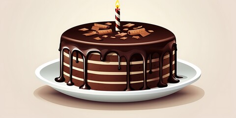 Happy Birthday chocolate cake with chocolate icing on a plate, vector illustration.