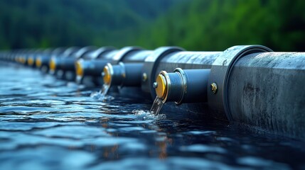 Fototapeta premium Close-up view of water flowing from pipes into a serene landscape, showcasing modern infrastructure and natural beauty.