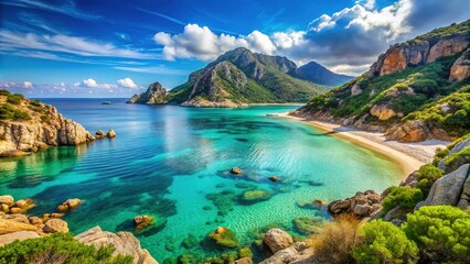 Serene turquoise waters lap against the shore of Spiaggia di Cala Sabina, surrounded by lush green hills and towering cliffs on a sunny Mediterranean day.