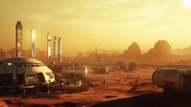 A futuristic Mars colony situated within a dystopian, barren landscape