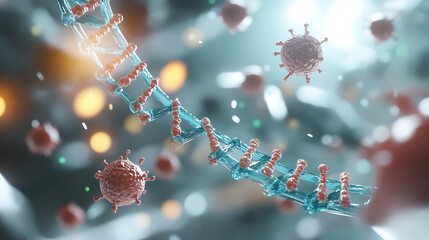 DNA strand and Cancer Cell Oncology Research Concept 3D rendering