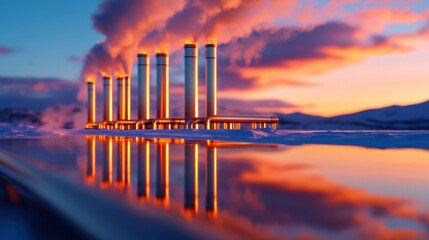 Fototapeta premium Industrial scene with smokestacks at sunset, reflecting in water, showcasing environmental impact and industrial beauty.