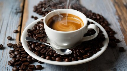 Close-up of a white cup of coffee with latte art, surrounded by scattered beans on a wooden table, ideal for coffee shop advertisements or menu designs.