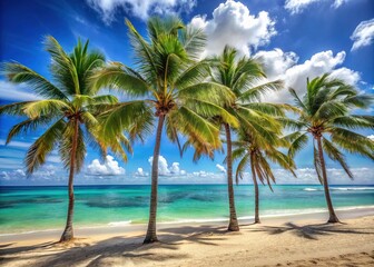 Soothing palm trees sway gently in the breeze, set against a serene blue sky, with warm sand and turquoise ocean waters stretching to the horizon.