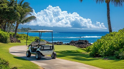 beach resort in Hawaii with golf cart for convenient transportation, showcasing the tropical island setting and luxury amenities for a relaxed holiday