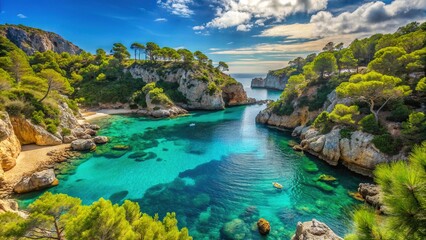 Sparkling turquoise waters lap against the rugged coastline of Cala Granadella, a secluded cove nestled among lush green hills and towering pine trees in Spain.